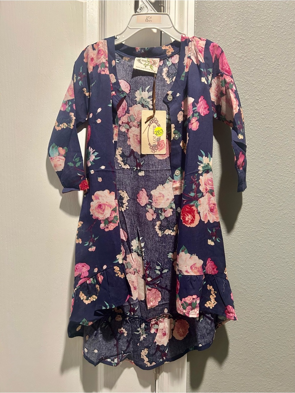 Joyfolie Navy Floral Button-Front Cardigan with Pink Roses Toddler Size 2